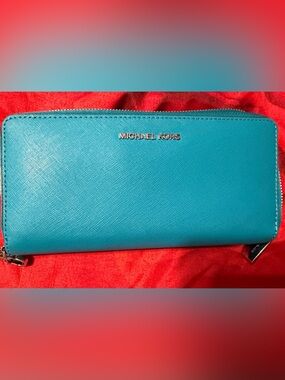 Michael Kors Turquoise Saffiano Leather Wallet with Silver Logo